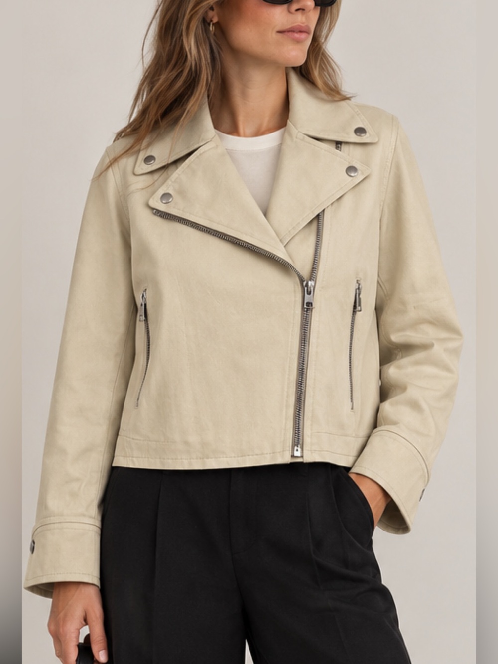NWT Banana Republic Cotton Moto Biker Jacket Beige Boxy Size L Neutral Classic